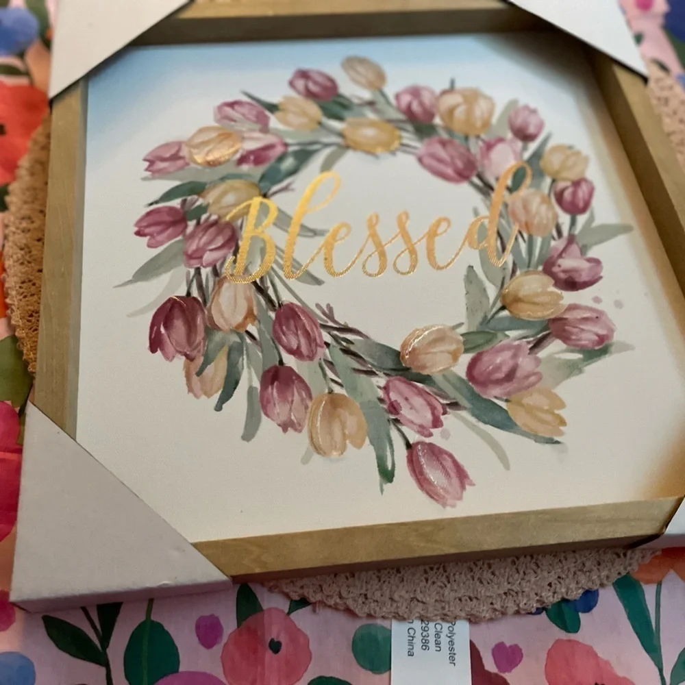Blessed sign canvas with wood frame boxed Never used .